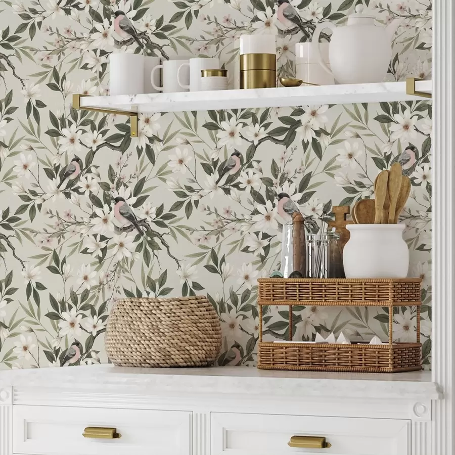 Papier peint Bouvreuils à poitrine blanche sur des branches couvertes de fleurs crème a00889