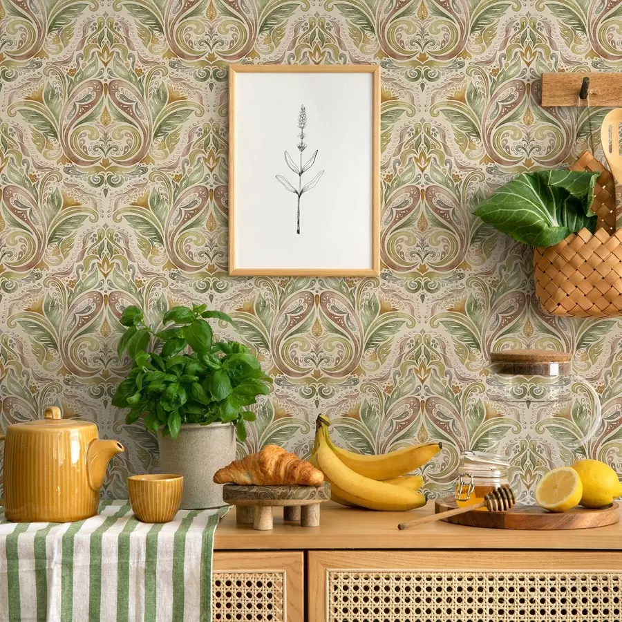 Papier peint Tourbillons feuillus aquarellés dans des tons verts et ocres chauds a00927