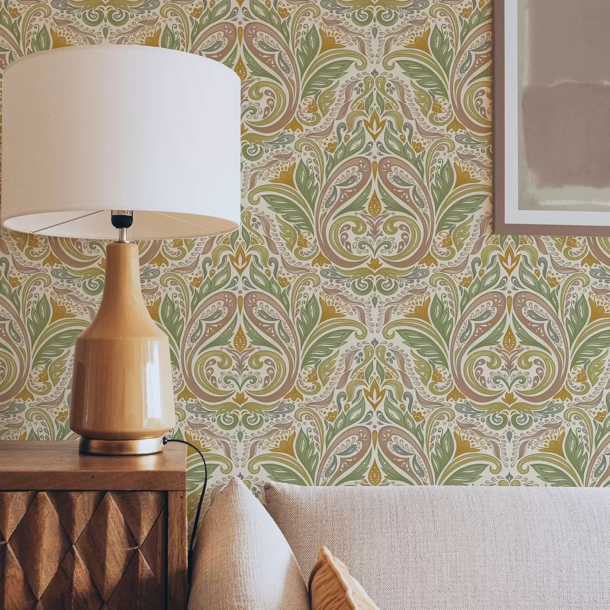 Papier peint Volutes ornementales feuillues dans les tons verts et terracotta a00927v1