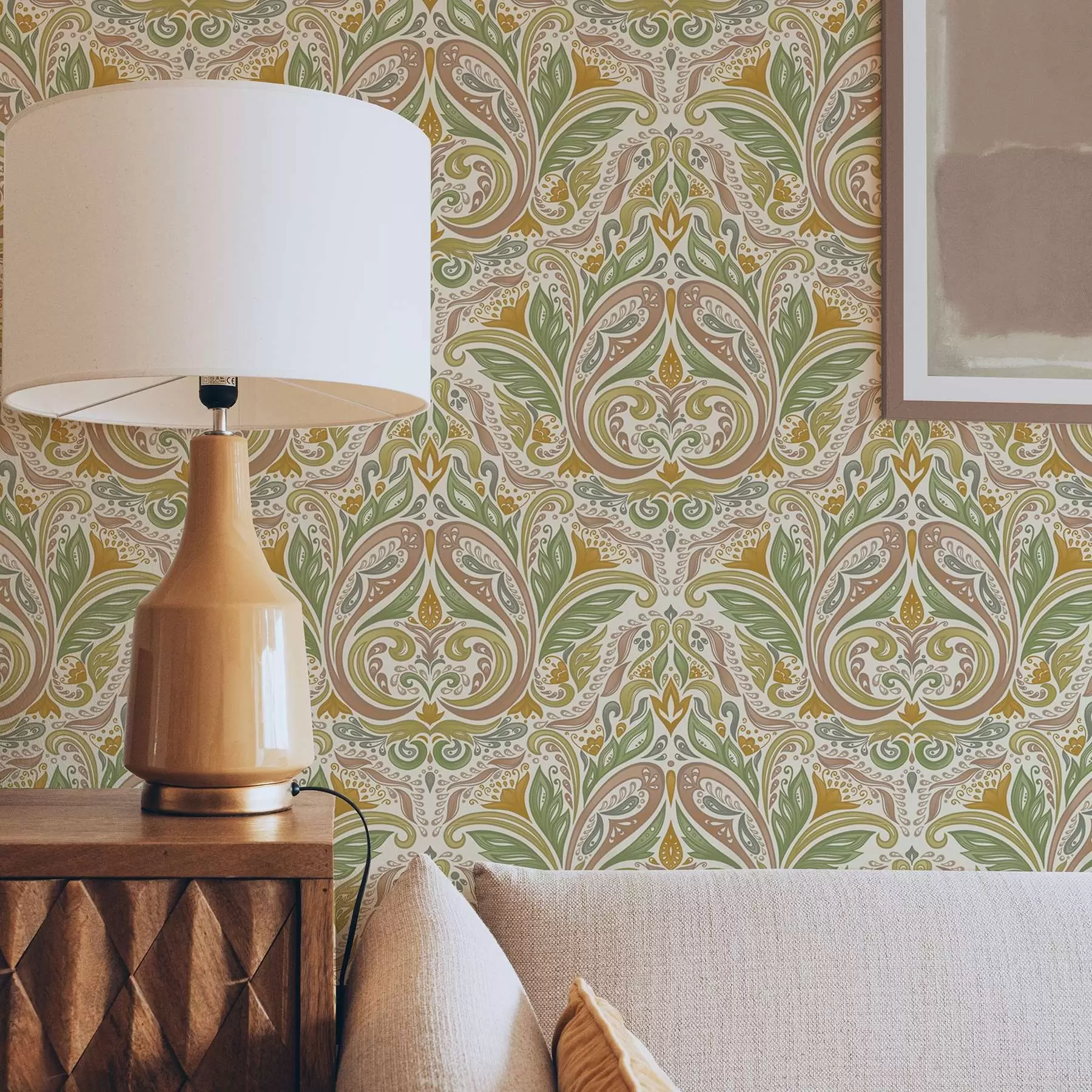 Papier peint Volutes ornementales feuillues dans les tons verts et terracotta a00927v1