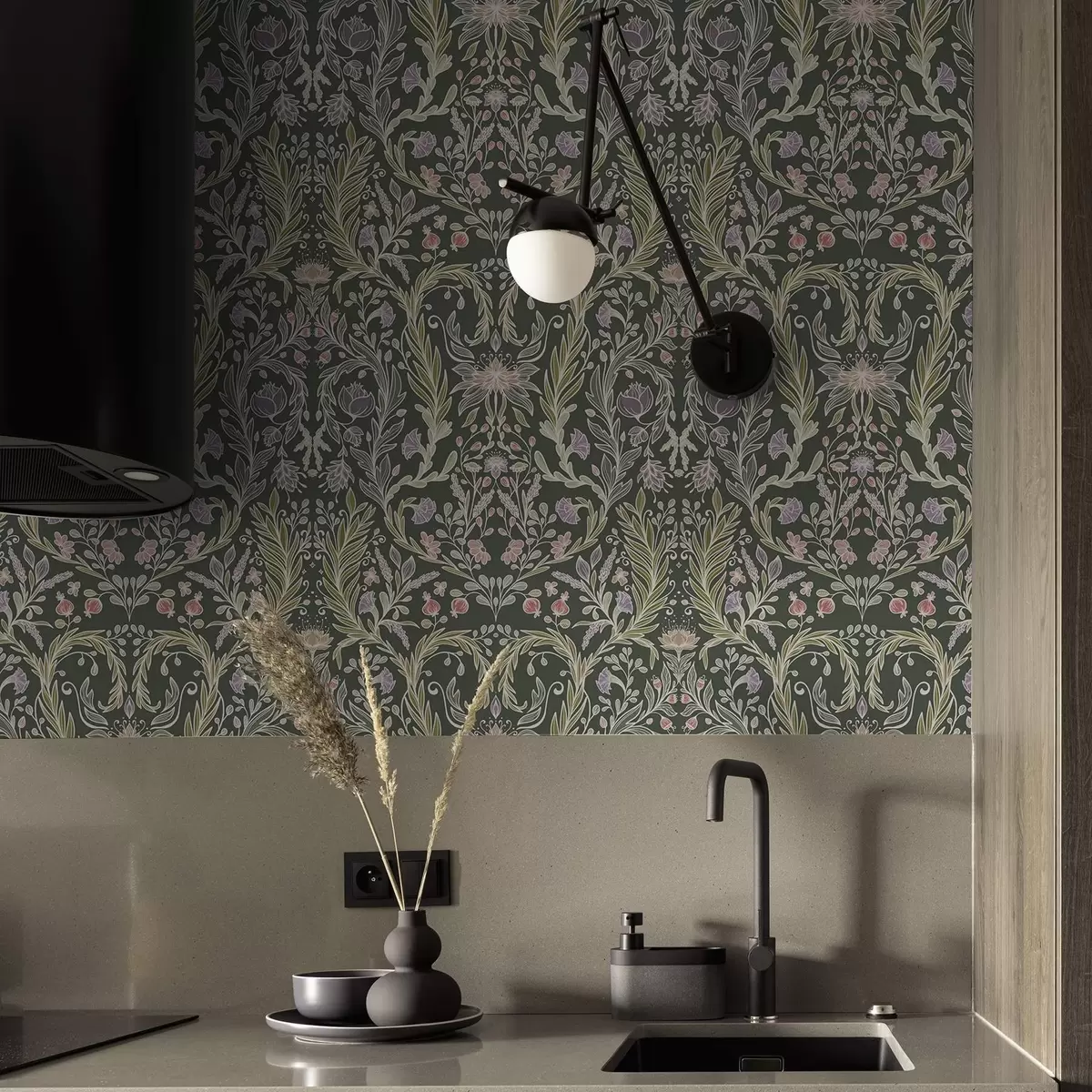 Papier peint Ornement floral symétrique sur fond vert foncé a00928