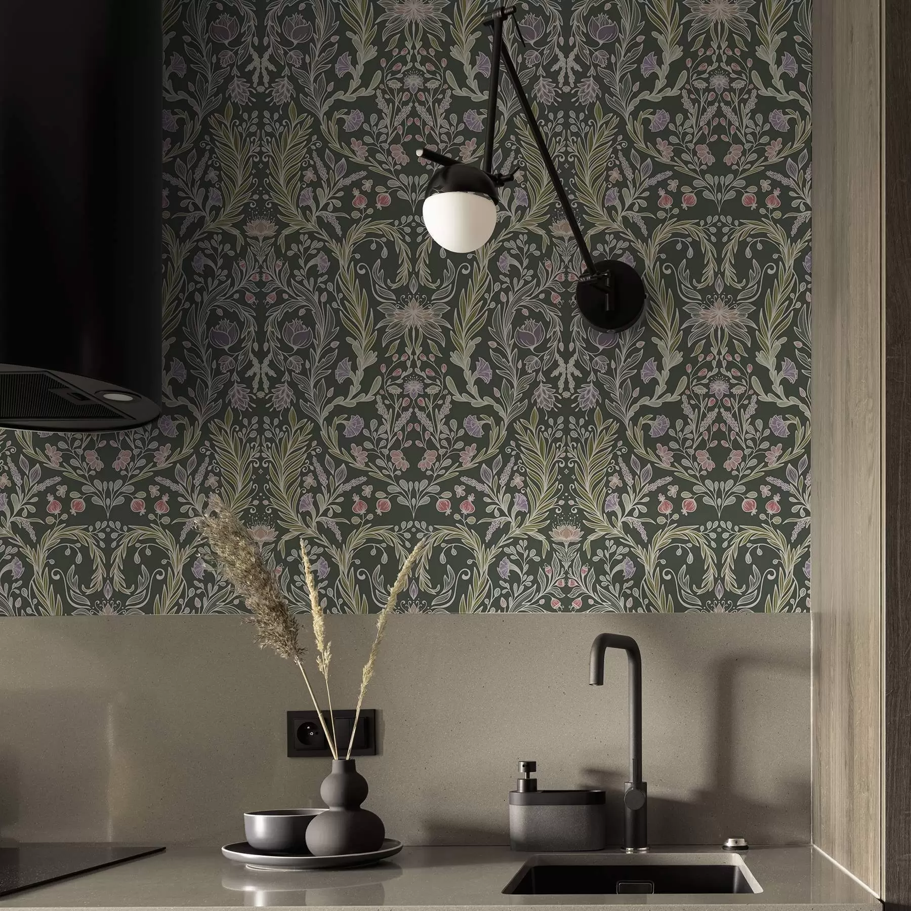 Papier peint Ornement floral symétrique sur fond vert foncé a00928