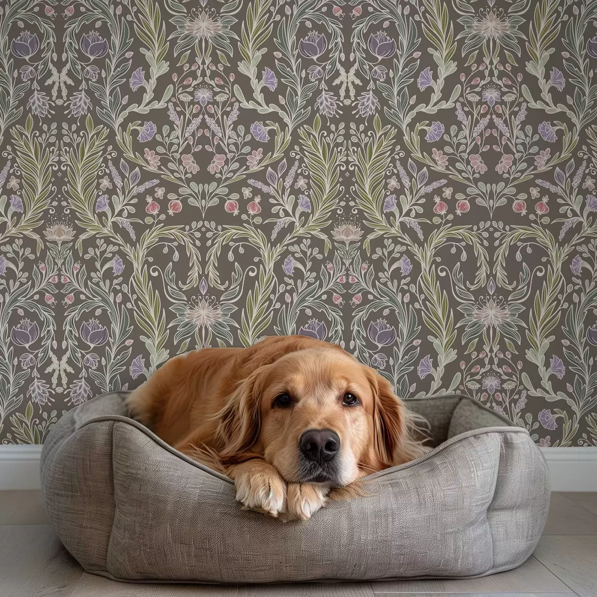 Papier peint Fleurs et feuilles symétriques sur fond gris brunâtre a00928v2