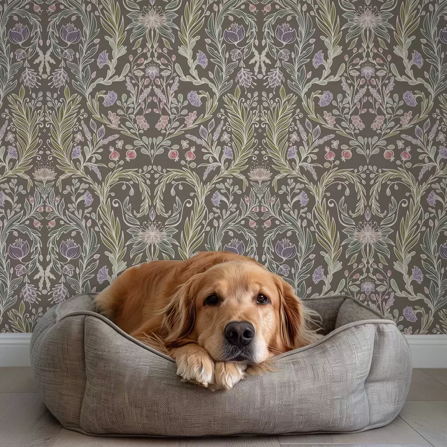 Papier peint Fleurs et feuilles symétriques sur fond gris brunâtre a00928v2