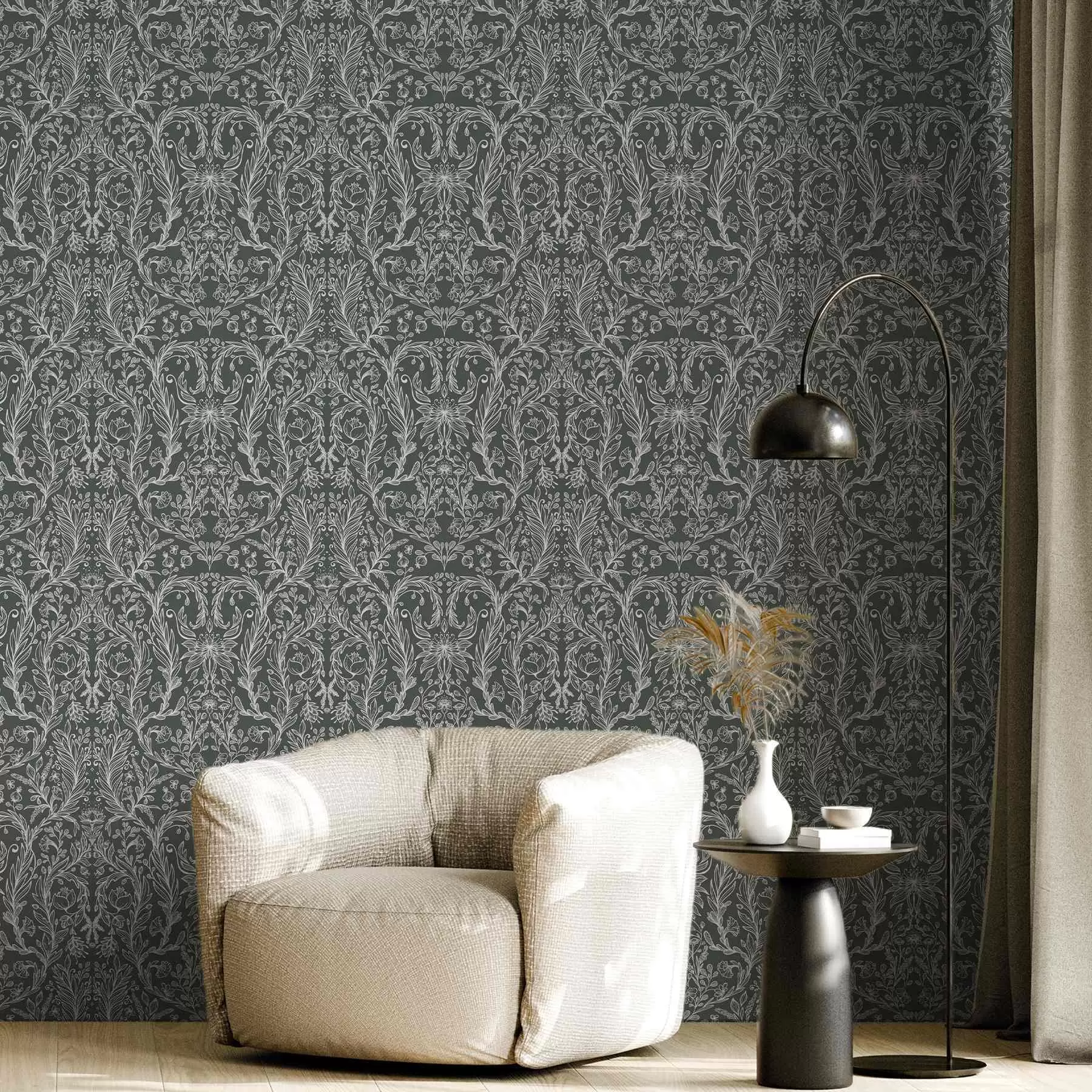 Papier peint Motif floral linéaire sur fond vert foncé a00929