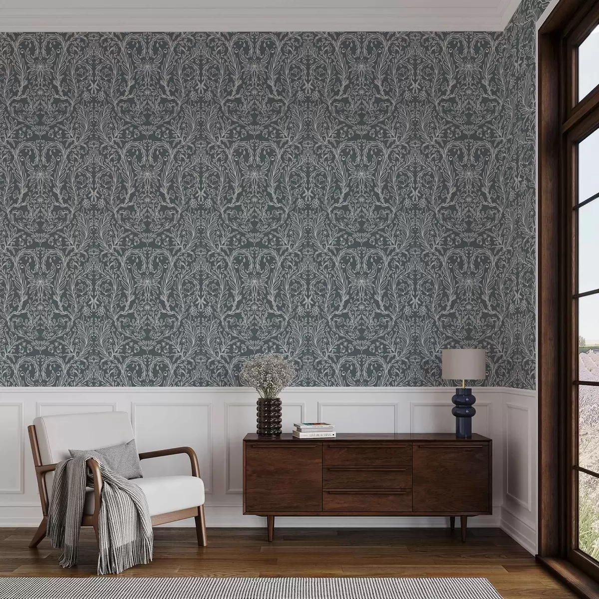 Papier peint Ornement floral linéaire sur fond gris bleuté a00929v1