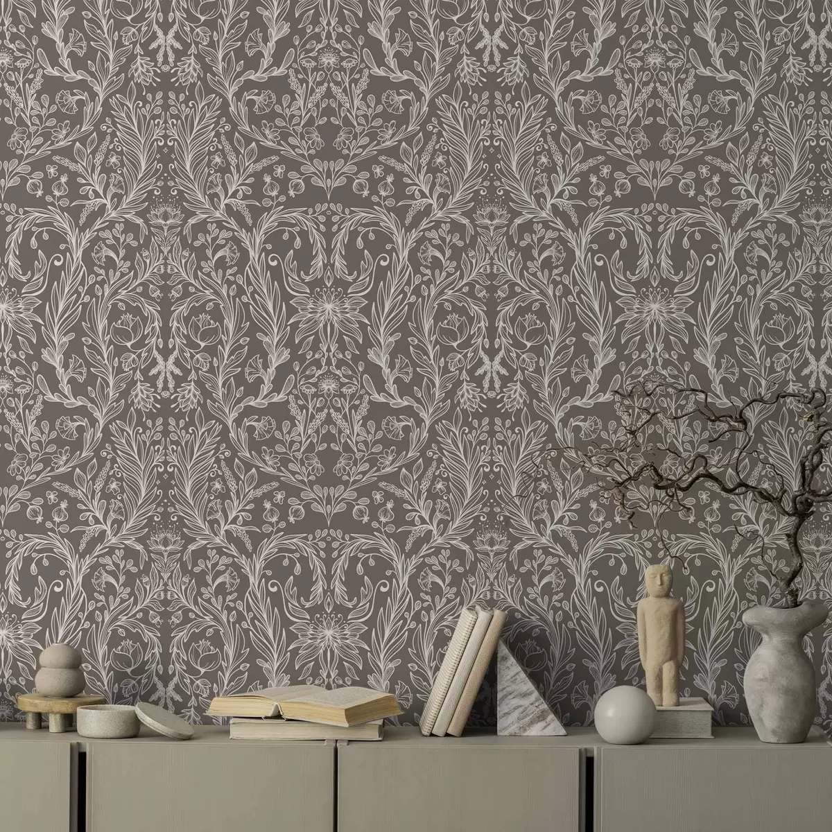 Papier peint Motif botanique monochrome sur fond brun chaud a00929v2