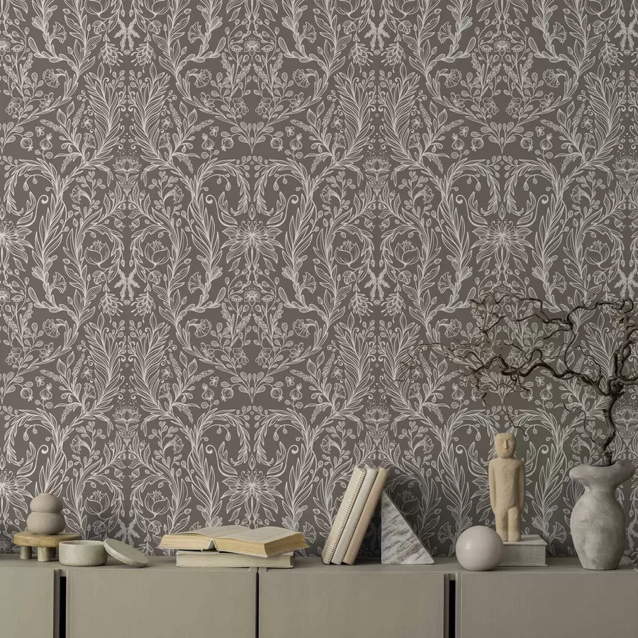 Papier peint Motif botanique monochrome sur fond brun chaud a00929v2