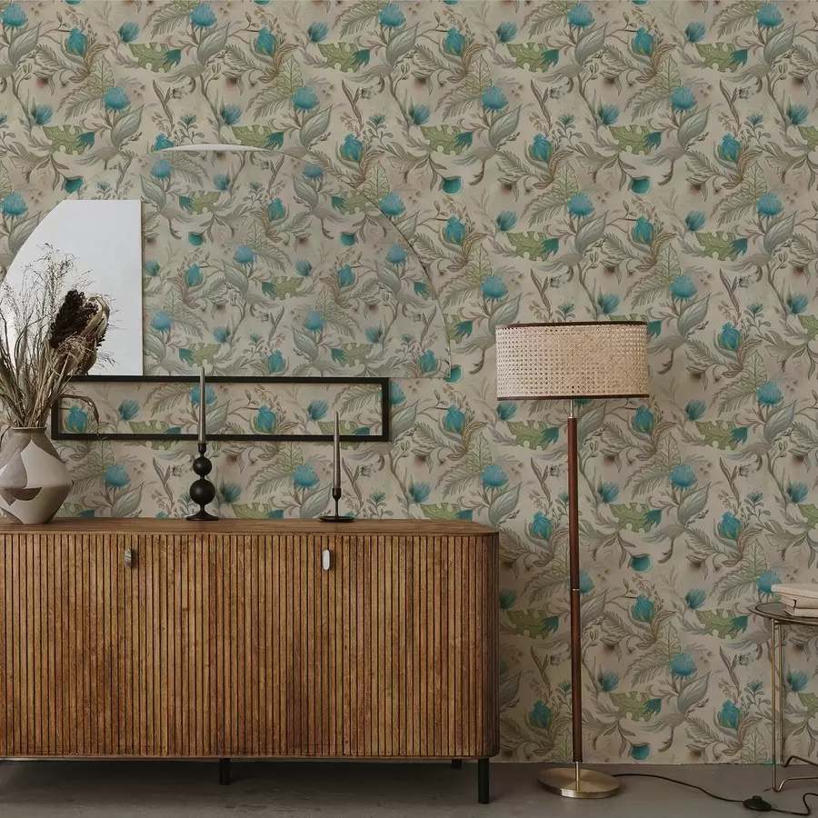 Papier peint Boutons et feuilles bleus sur fond beige clair a00930