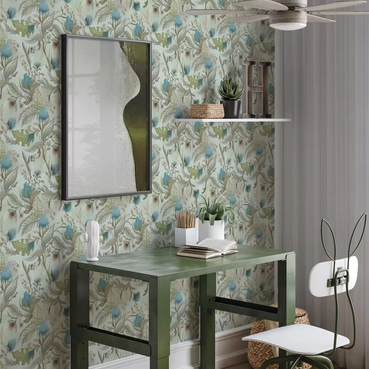 Papier peint Fleurs bleues et verdure sur fond menthe douce a00930v1