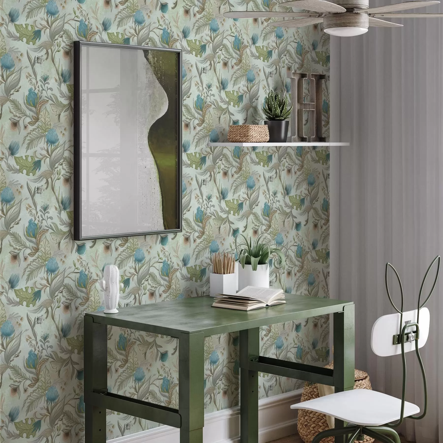 Papier peint Fleurs bleues et verdure sur fond menthe douce a00930v1