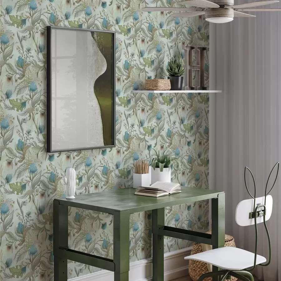 Papier peint Fleurs bleues et verdure sur fond menthe douce a00930v1