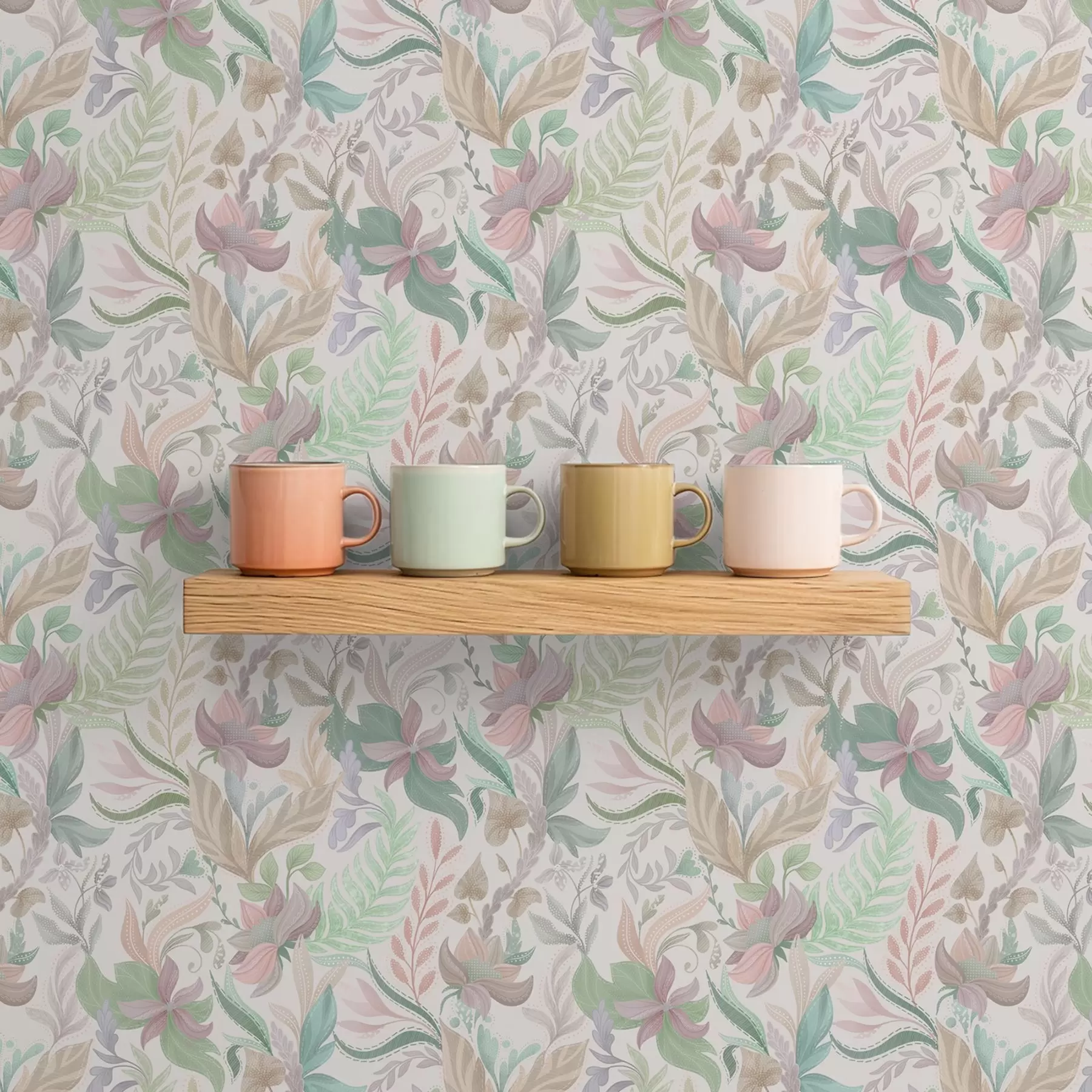 Papier peint Fleurs et feuilles délicates aux couleurs pastel sur fond clair a00931