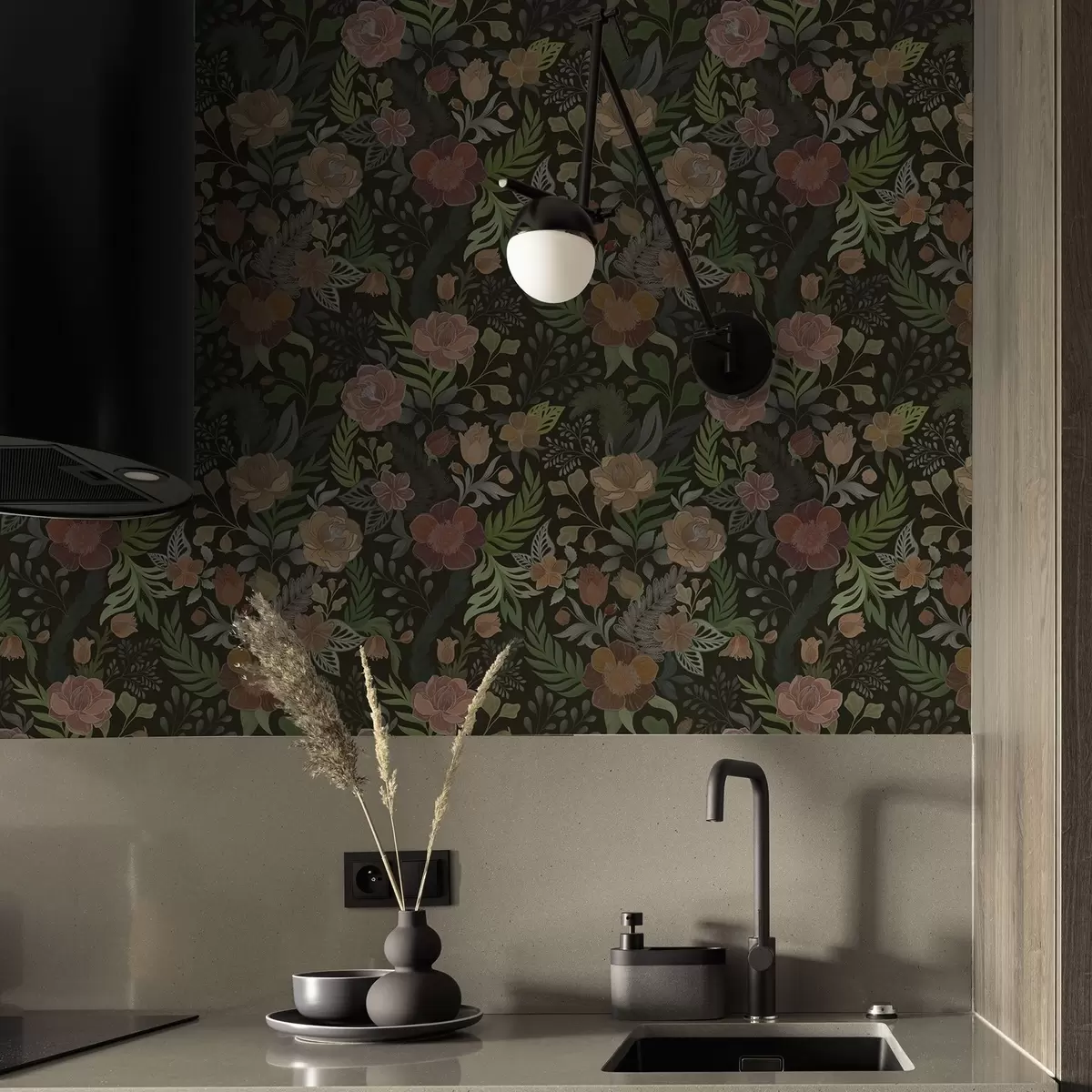 Papier peint Fleurs riches et verdure sur un fond sombre et profond a00932