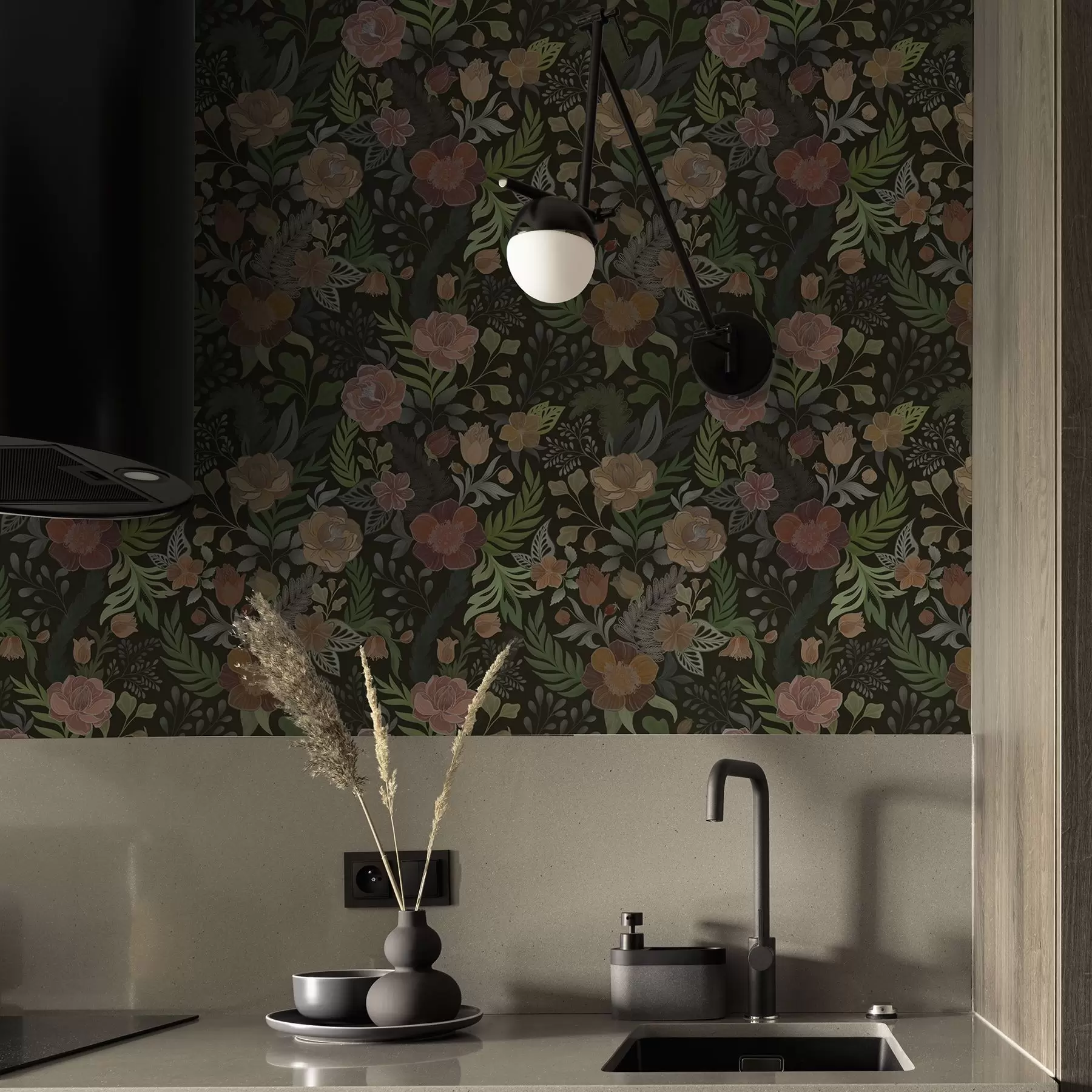 Papier peint Fleurs riches et verdure sur un fond sombre et profond a00932