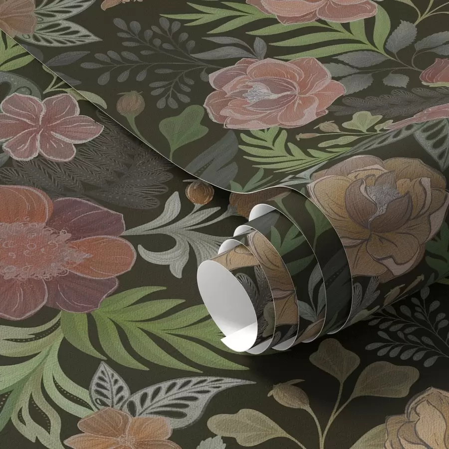 Papier peint Fleurs riches et verdure sur un fond sombre et profond a00932