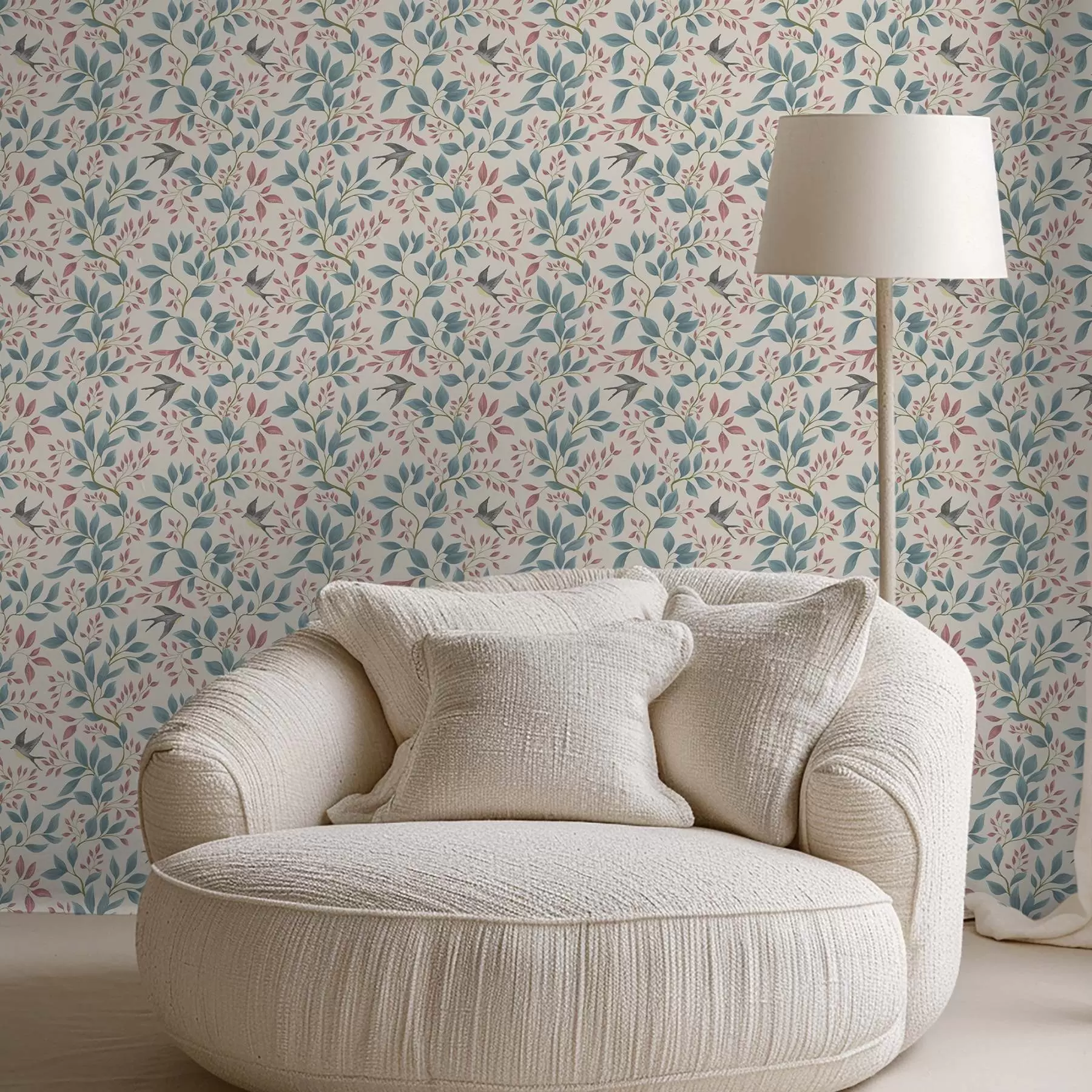 Papier peint Branches bleues et roses avec des oiseaux sur fond crème a00933