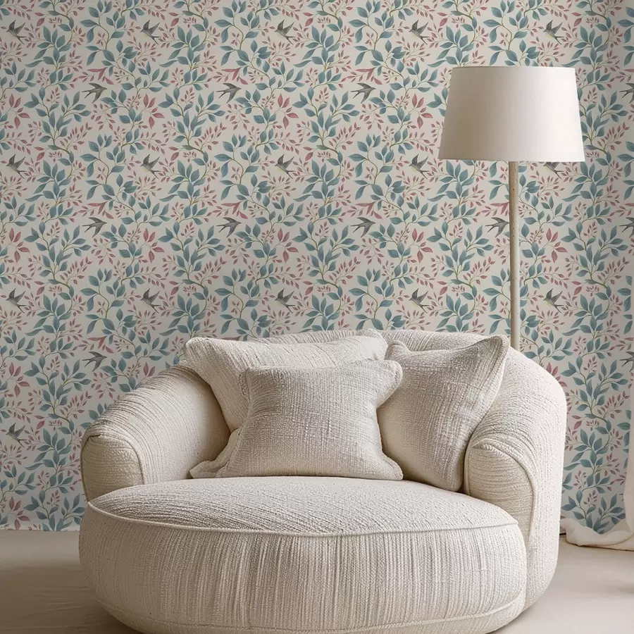 Papier peint Branches bleues et roses avec des oiseaux sur fond crème a00933