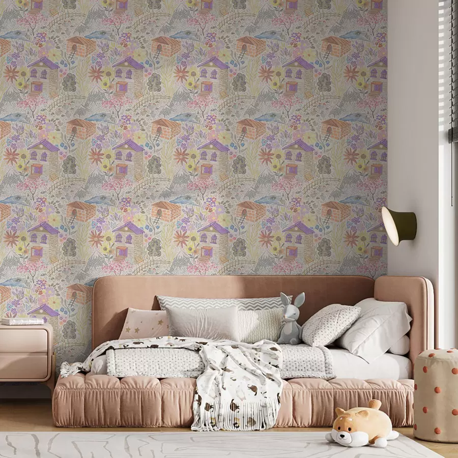 Papier peint Dessin enfantin représentant un village avec une maison, des montagnes et des fleurs a00952