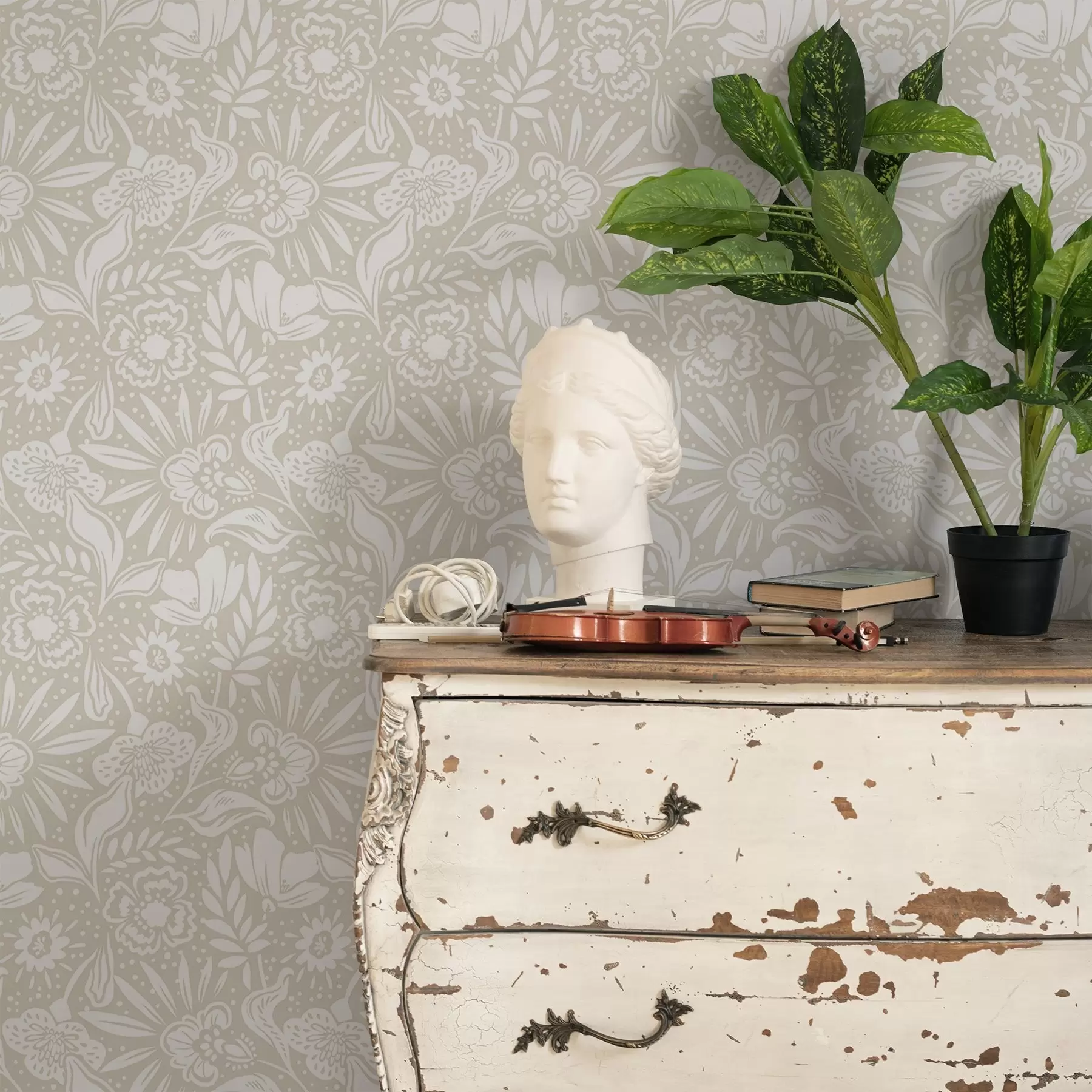 Papier peint Ornement floral linéaire blanc sur fond beige a00956