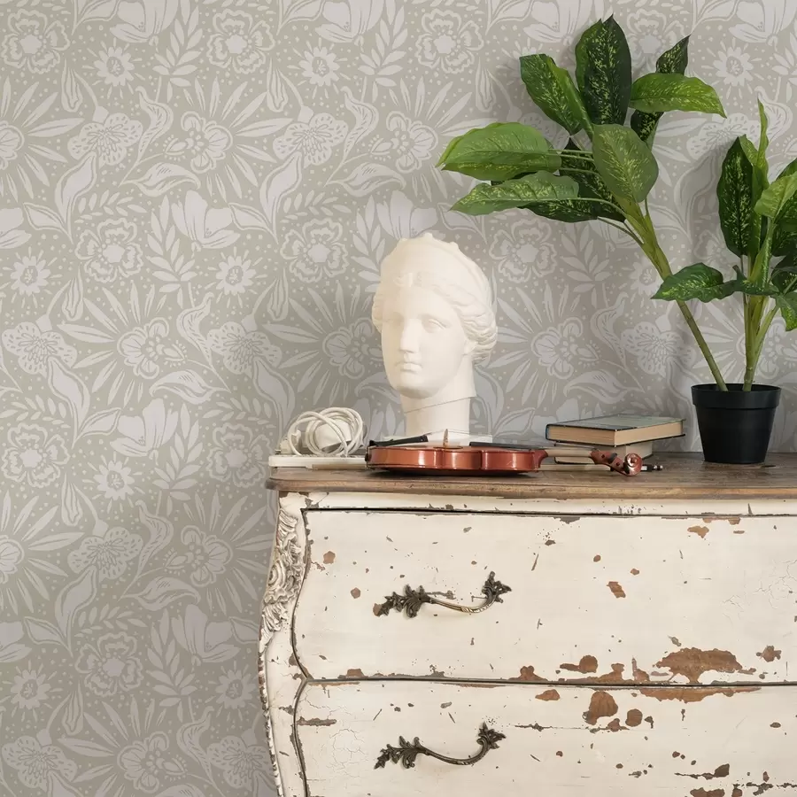 Papier peint Ornement floral linéaire blanc sur fond beige a00956