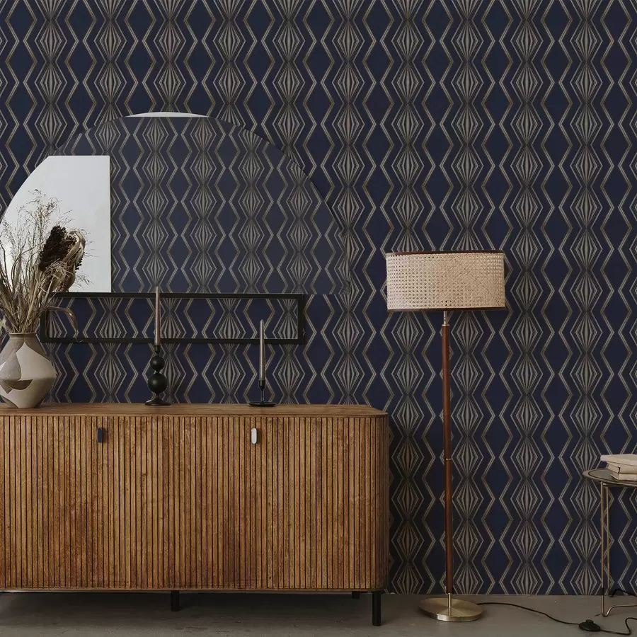 Papier peint Fond bleu foncé avec des losanges géométriques et des zigzags a00974v2