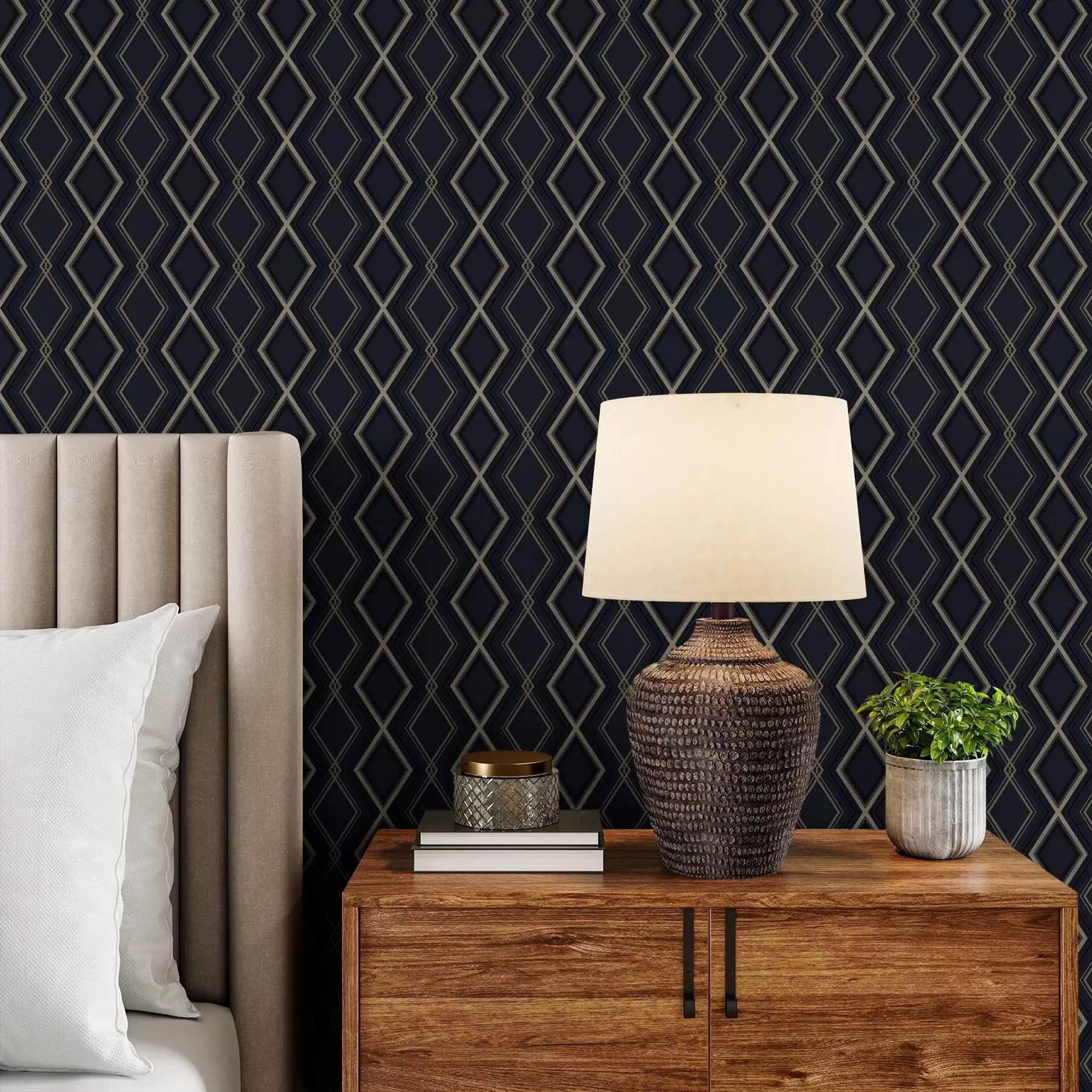 Papier peint Grille en losanges bleu foncé avec de fines lignes claires a00975