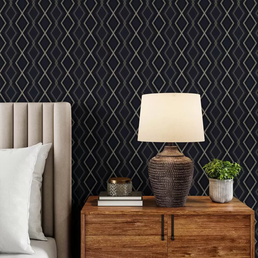 Papier peint Grille en losanges bleu foncé avec de fines lignes claires a00975