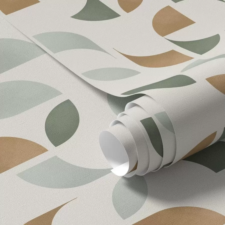 Papier peint Demi-cercles abstraits et feuilles en vert et terre cuite a00985