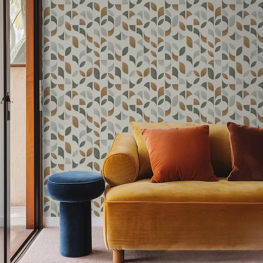 Papier peint Colonnes verticales composées de demi-cercles et de feuilles, vert-terre cuite a00986