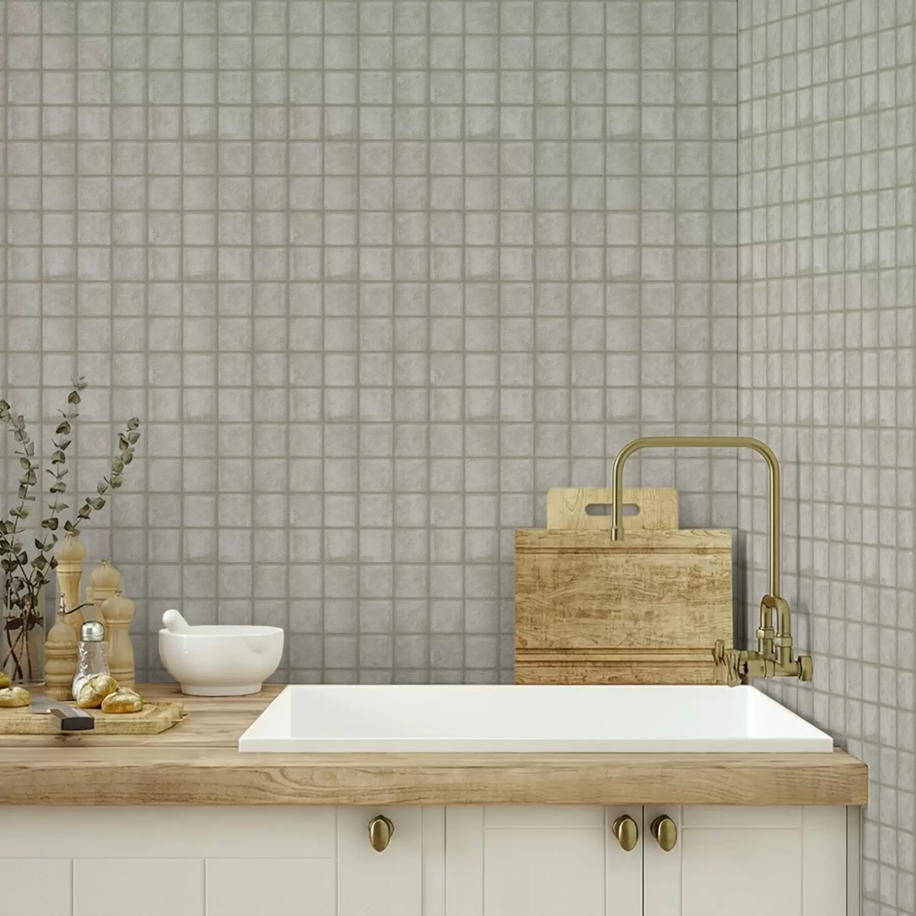 Papier peint Imitation de carreaux carrés dans une palette douce gris-vert a00988