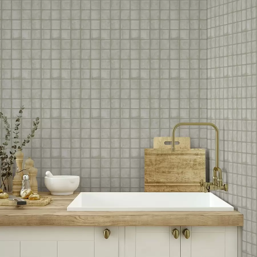 Papier peint Imitation de carreaux carrés dans une palette douce gris-vert a00988