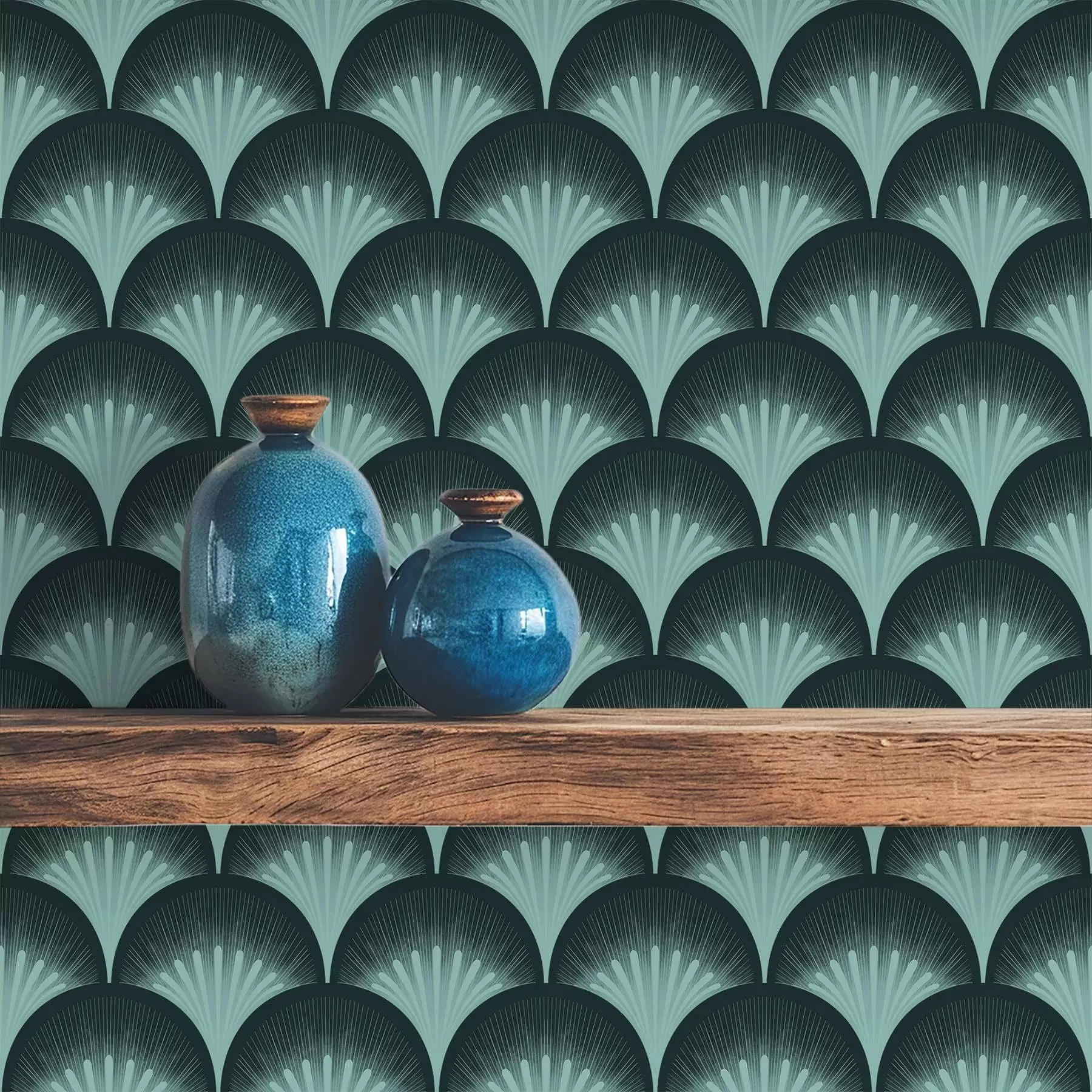 Papier peint Des éventails contrastés couleur menthe sur un fond presque noir a00990