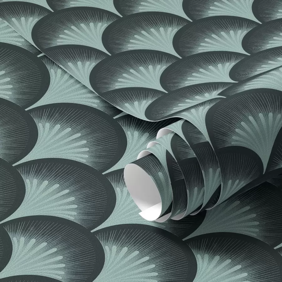 Papier peint Des éventails contrastés couleur menthe sur un fond presque noir a00990