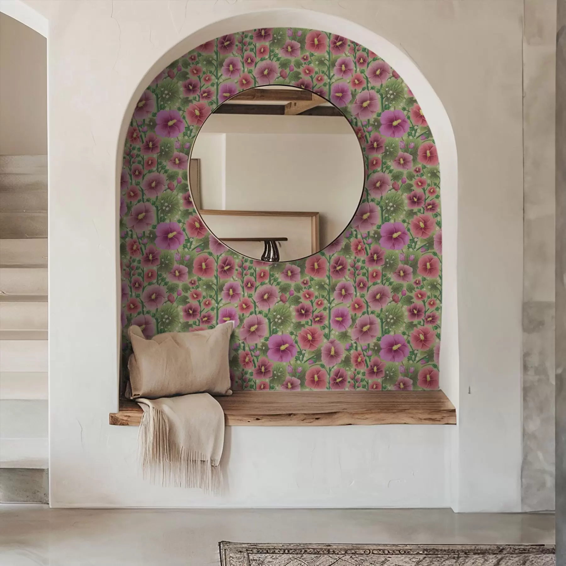 Papier peint Grandes fleurs et feuilles d'hibiscus sur fond vert foncé a00993