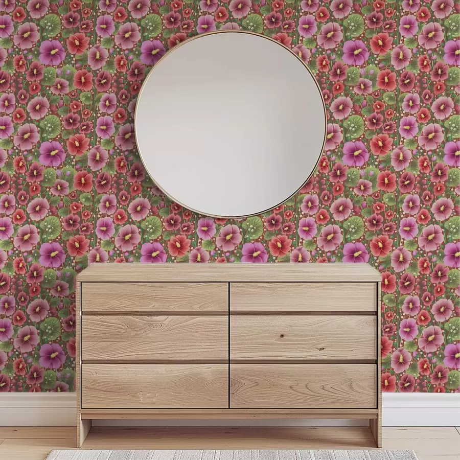 Papier peint Hibiscus en fleurs sur un fond brun-rouge chaud a00993v1