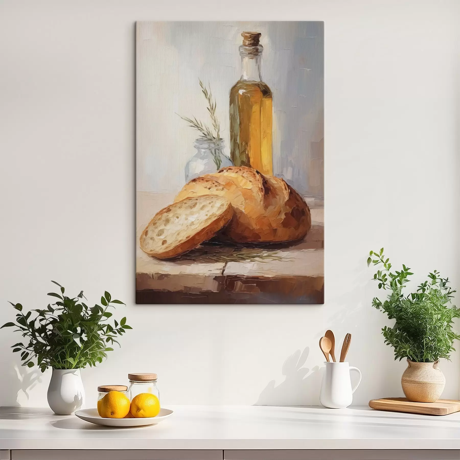Tableau Du pain et une bouteille d'huile, peinture d'imitation s46759