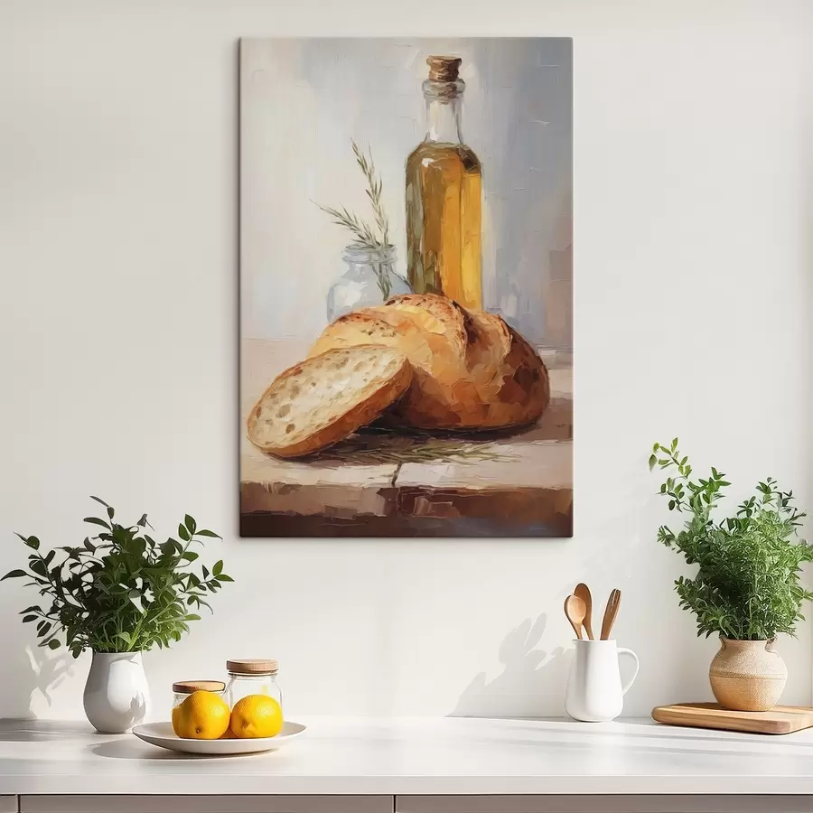 Tableau Du pain et une bouteille d'huile, peinture d'imitation s46759