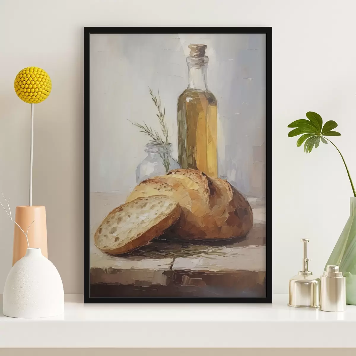 Poster Du pain et une bouteille d'huile, peinture d'imitation f46759
