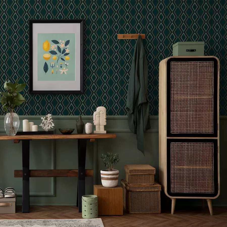 Papier peint Fond vert sarcelle foncé avec des rangées verticales de losanges a00976