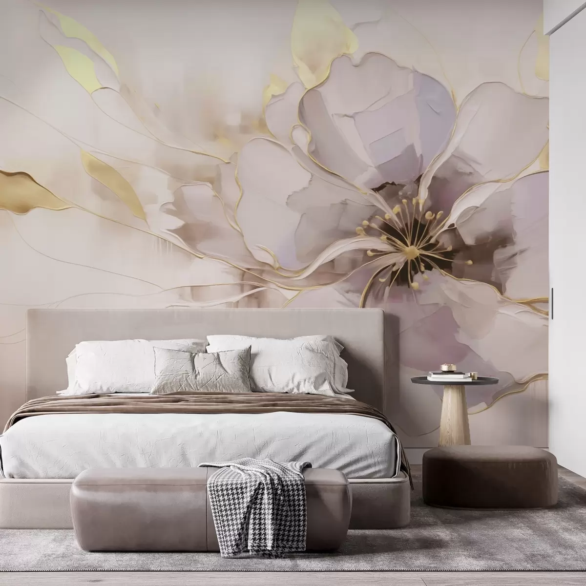 Papier peint Fleur bleue avec des accents jaunes dans un style abstrait au coup de pinceau w09505