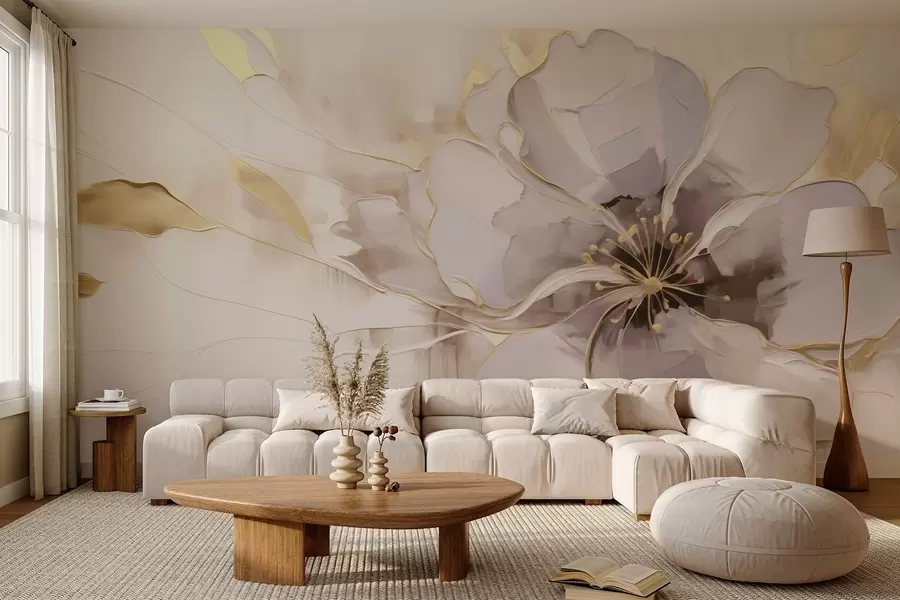 Papier peint Fleur bleue avec des accents jaunes dans un style abstrait au coup de pinceau w09505