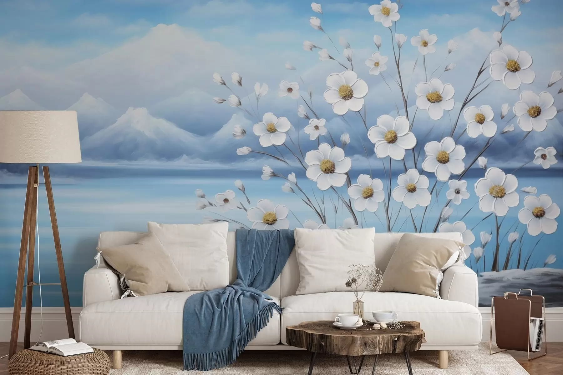 Papier peint Fleurs blanches printanières au bord d'un lac gelé avec des montagnes enneigées, dans un style peinture à l'huile w09526