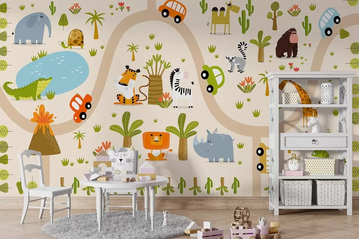 Papier peint Safari avec des animaux et des voitures w04931