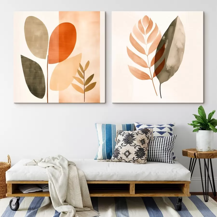 Tableau Diptyque avec motifs botaniques dans une palette pastel m00983