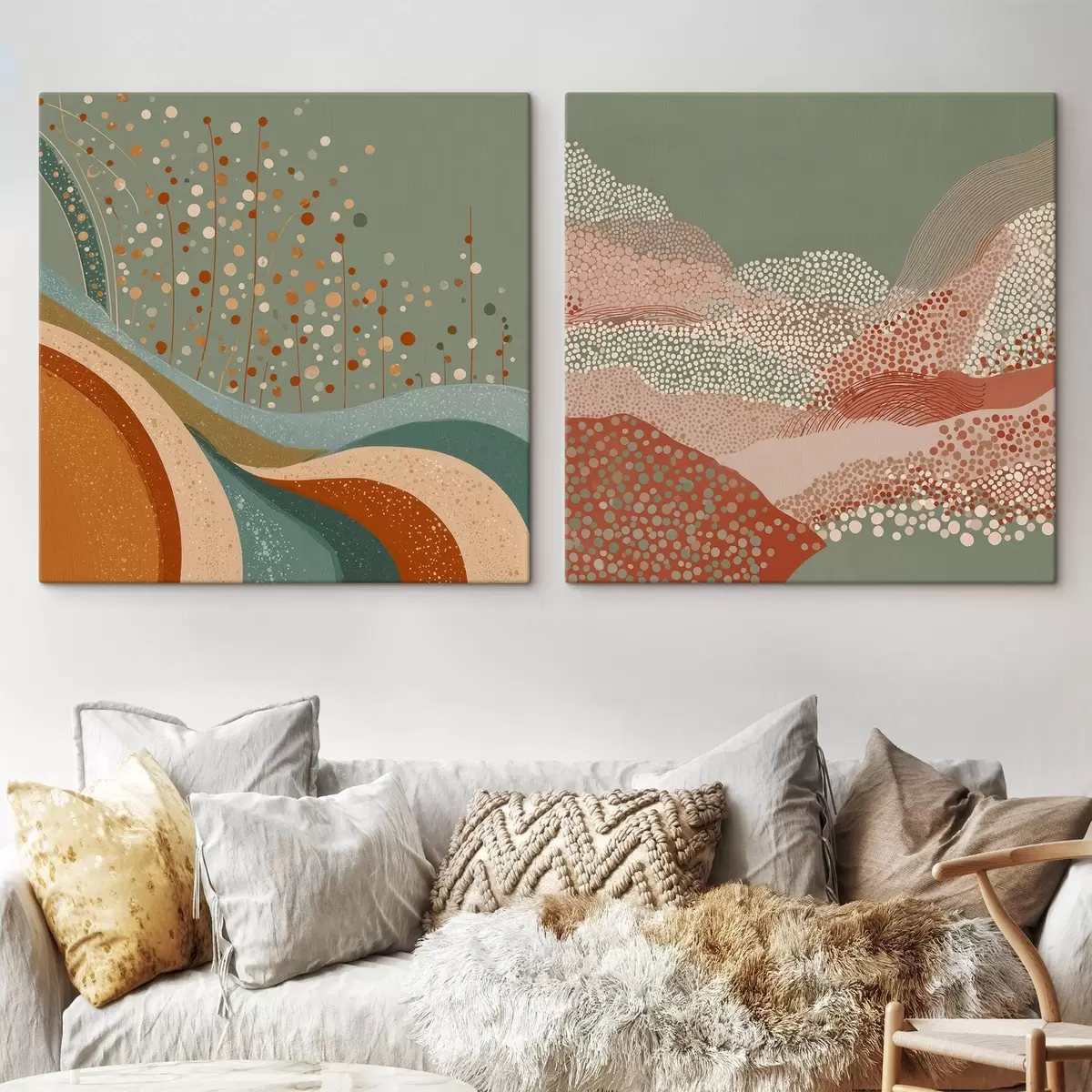 Tableau Paysage abstrait en deux parties avec des éléments en pointillés et ondulés m00987