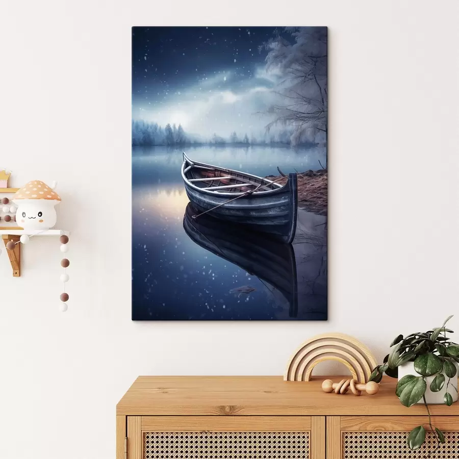 Tableau Bateau vide au bord d'un lac en hiver s46773