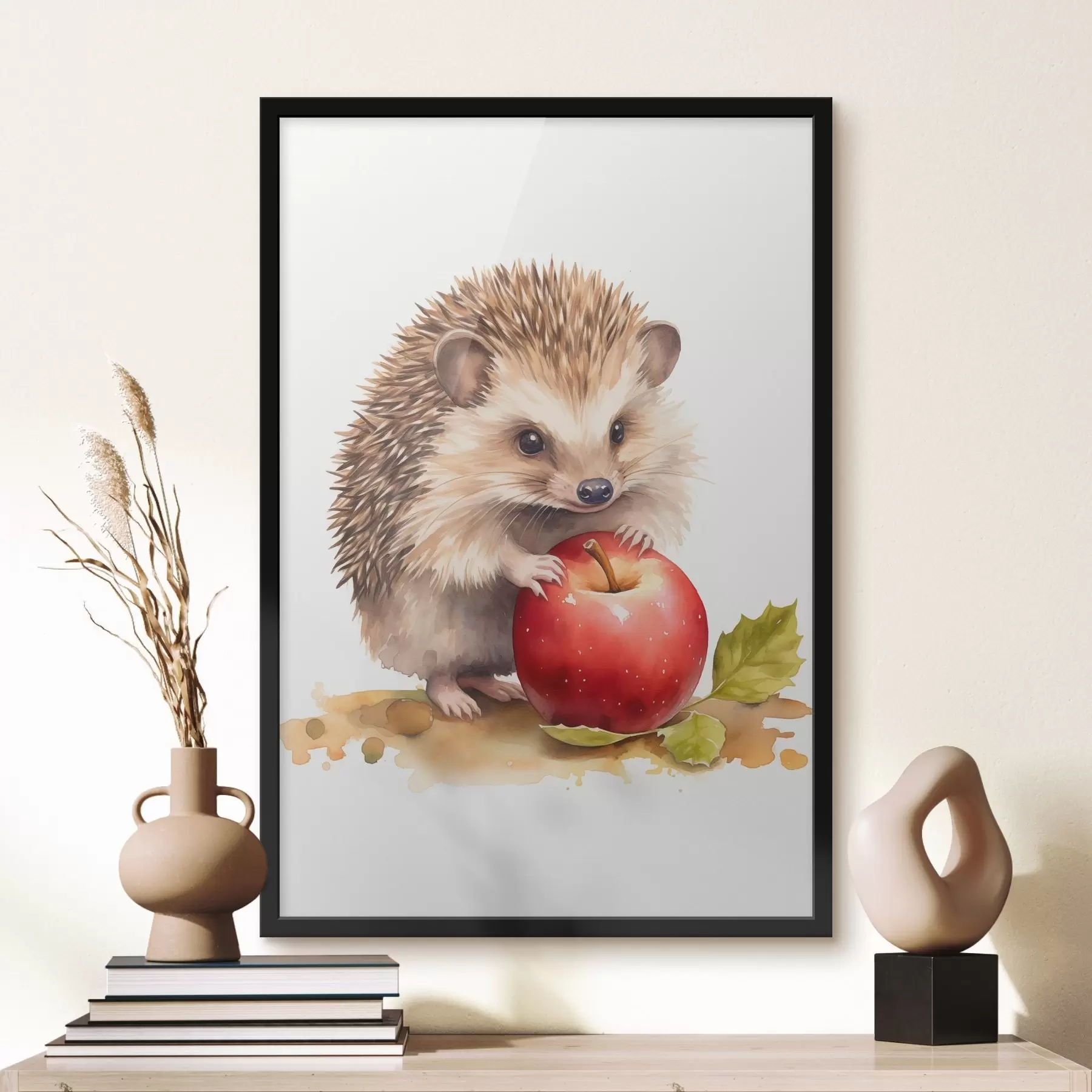 Papier peint Hérisson et pomme, imitation aquarelle f46769