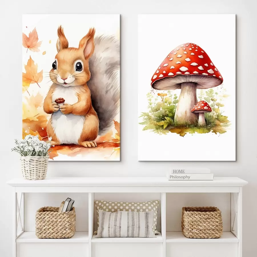 Tableau Écureuil et champignon des bois, amanite tue-mouche, imitation aquarelle m01049