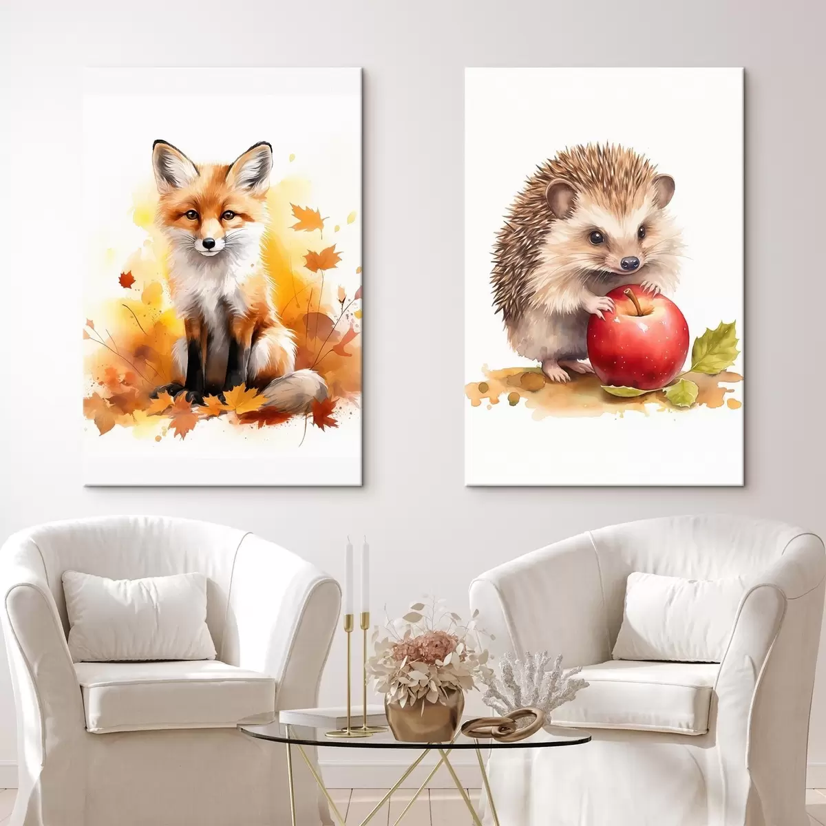 Tableau Renard et hérisson, imitation aquarelle m01050